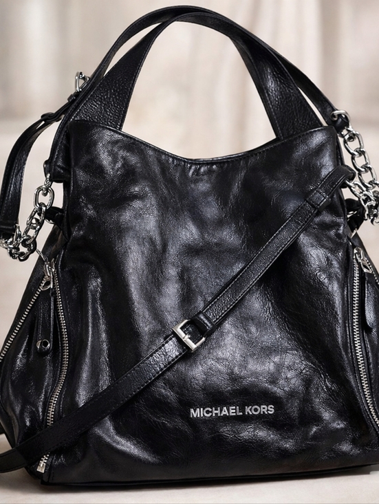 Michael Kors Handbags - Michael Kors Black Glazed Leather Trapeze Hobo Crossbody Bag Silver Chain